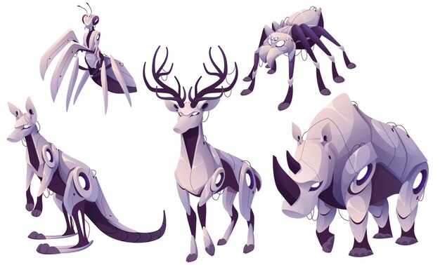 Animales mecánicos, ciervos, canguros, rinocerontes