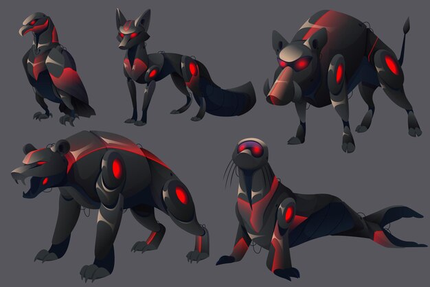 Animales mecánicos malvados oso sello jabalí zorro y águila robots Vector conjunto de dibujos animados de mascotas enojadas futuristas cyborgs negro mecánico grizzly jabalí y pájaro aislado sobre fondo gris