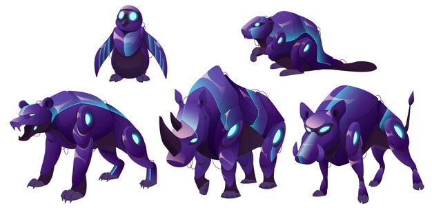Animales mecánicos oso pingüino rinoceronte jabalí y castor robots Vector conjunto de dibujos animados de mascotas futuristas cyborgs mecánico púrpura rinoceronte grizzly y jabalí aislado sobre fondo blanco