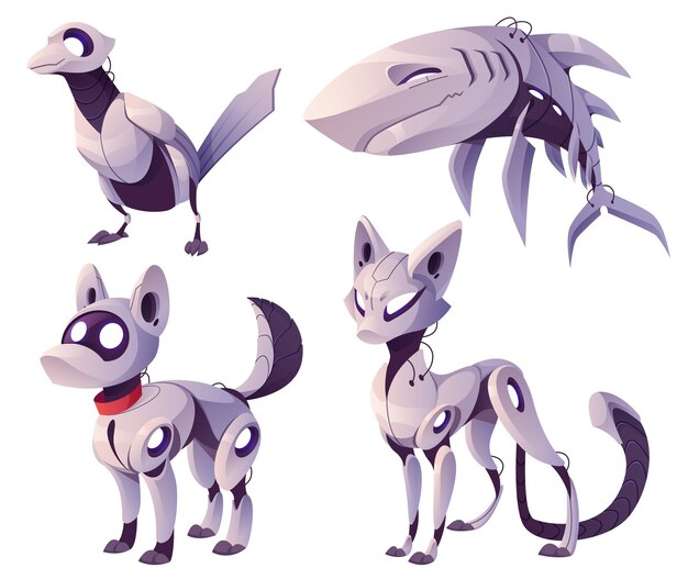 Animales mecánicos, perros, gatos, tiburones, pájaros robots.