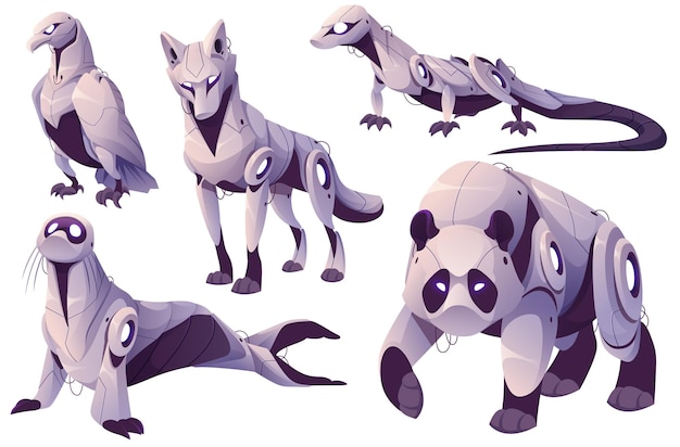 Animales mecánicos, robots águila, panda, lagarto, perro y foca. Conjunto de dibujos animados vectoriales de mascotas mecánicas futuristas, pájaros de metal, reptiles, osos, lobos y leones marinos cyborgs, máquinas electrónicas