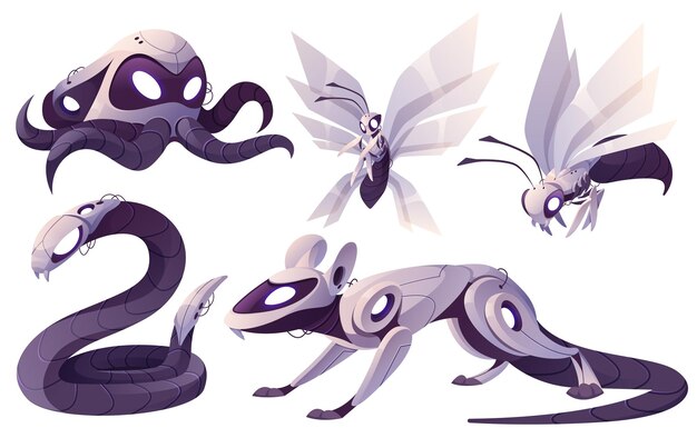 Animales mecánicos, robots pulpo, serpiente, rata, mariposa y avispa. Conjunto de dibujos animados vectoriales de mascotas mecánicas futuristas, animales metálicos e insectos cyborgs, lindas máquinas electrónicas