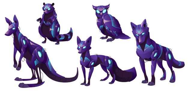 Animales mecánicos zorro lobo canguro búho y mapache robots Vector conjunto de dibujos animados de mascotas futuristas cyborgs mecánico púrpura pájaro perro y wallaby aislado sobre fondo blanco