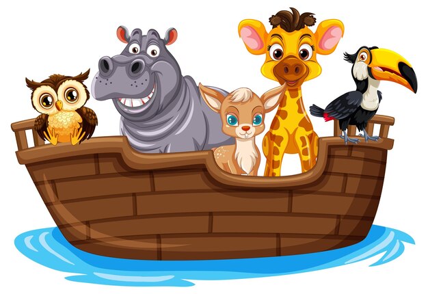 Los animales navegando en un barco de madera