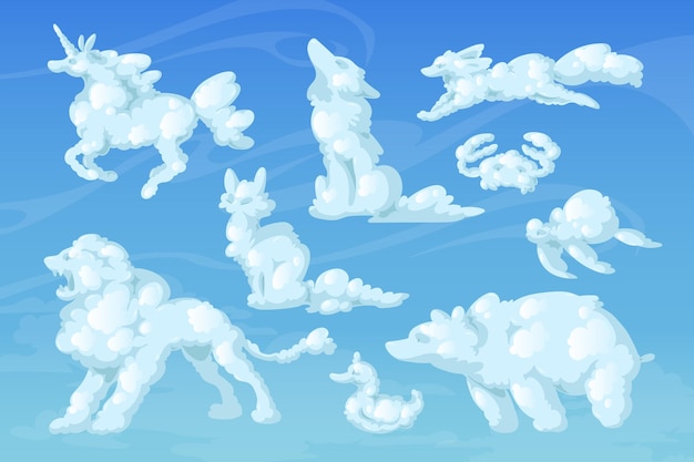 Animales de la nube, remolinos esponjosos de dibujos animados en forma de unicornio, oso, lobo y tortuga con gato, zorro y león o pato con cangrejo volando en el cielo azul, elementos de diseño de clima vectorial natural, criaturas de ensueño