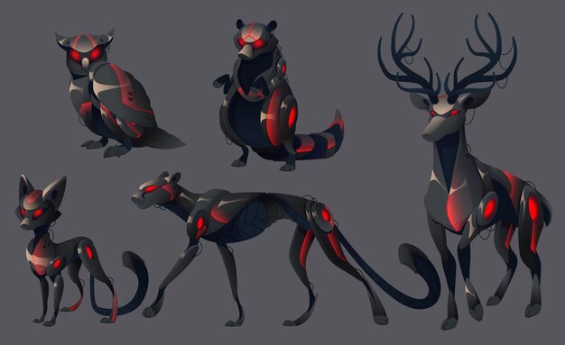 Animales robots máquinas robótica malvada monstruos mecánicos Cyborgs águila mapache oso guepardo marino o puma con ojos rojos y brillo corporal Criaturas de inteligencia artificial de mimbre de dibujos animados Conjunto de vectores