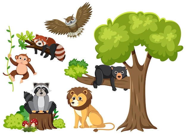 Vector gratuito animales salvajes aislados y un árbol