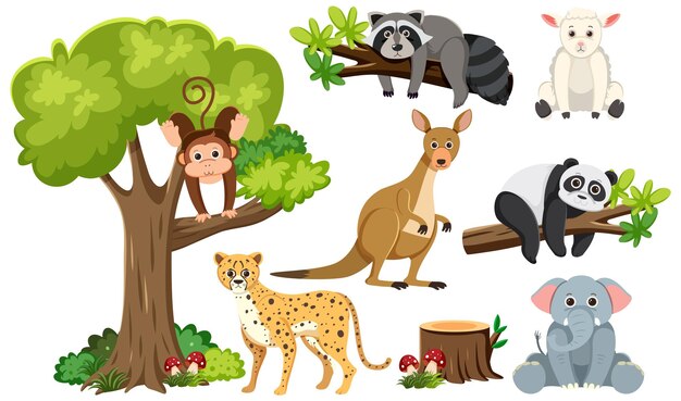 Animales salvajes aislados y un árbol
