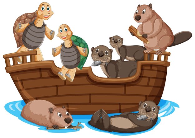Animales salvajes en bote de madera en estilo de dibujos animados