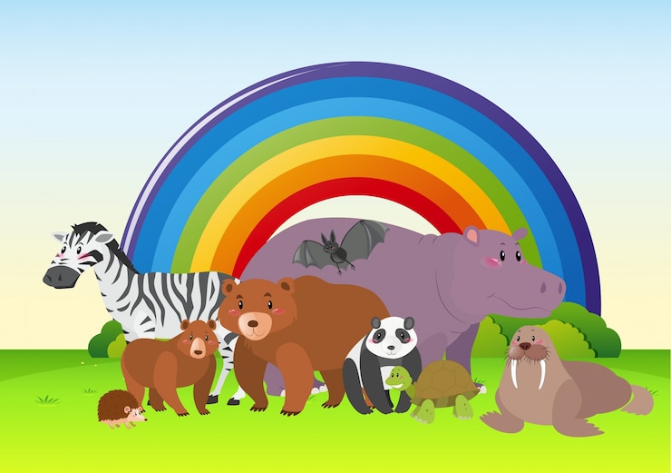 Vector gratuito animales salvajes en el campo con el arco iris en el fondo