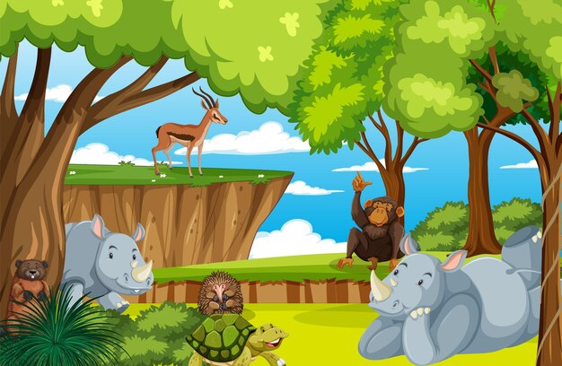 Animales salvajes en la escena del bosque natural.