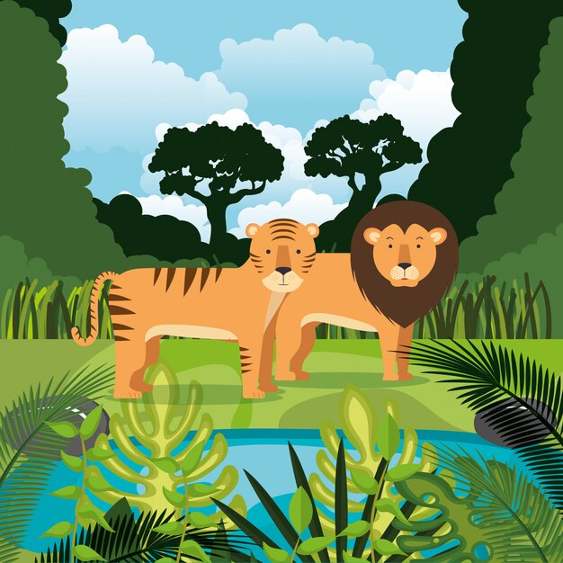Animales salvajes en la escena de la selva.