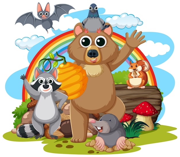 Animales salvajes felices con arco iris y manos agitando