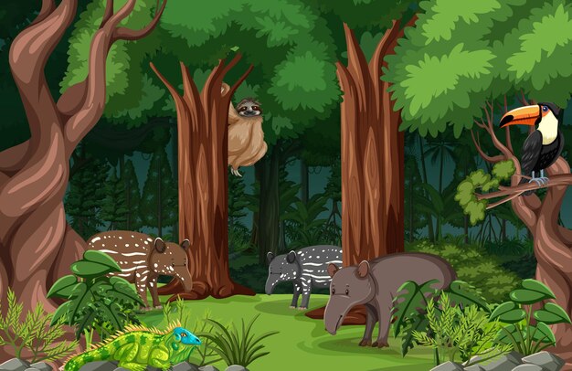 Animales salvajes en el fondo del paisaje forestal