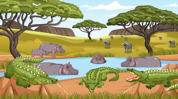 Vector gratuito animales salvajes en el paisaje del bosque de sabana