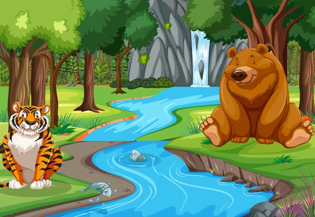 Animales salvajes personajes de dibujos animados en la escena del bosque