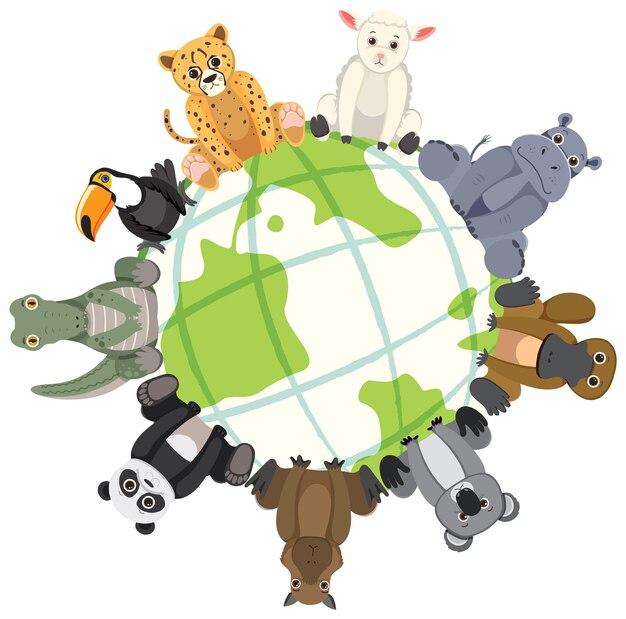 Animales salvajes sentados en un globo