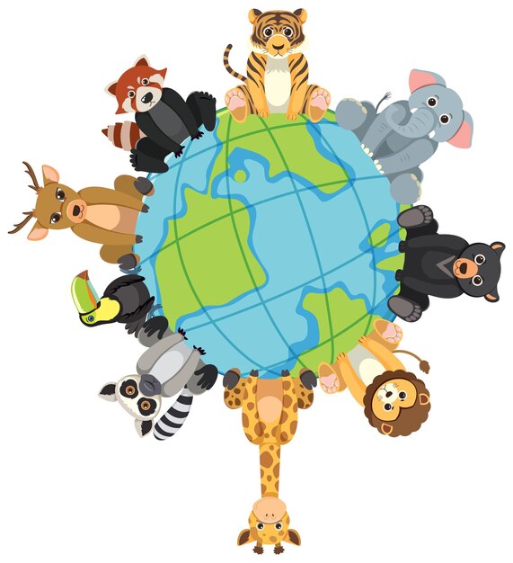 Animales salvajes sentados en un globo