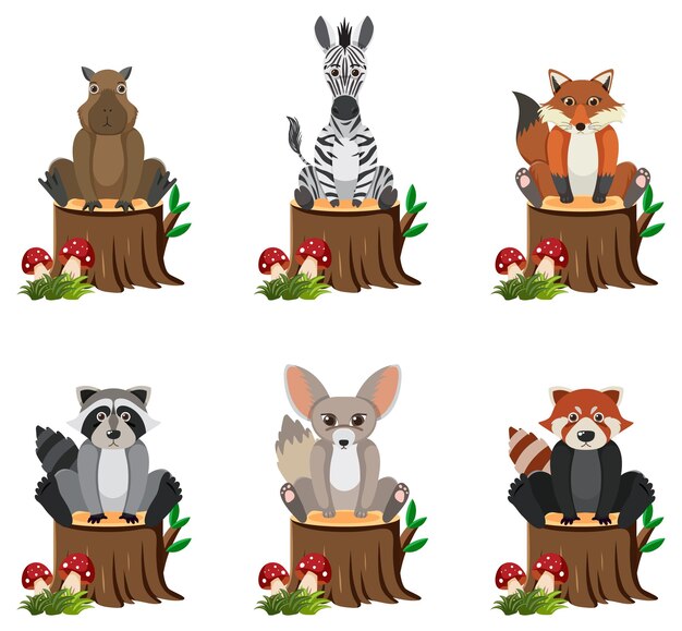 Animales salvajes sentados en el tronco de un árbol