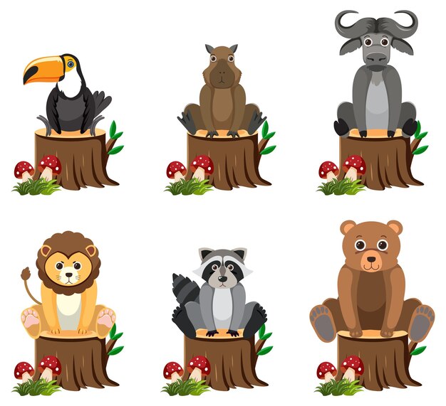Animales salvajes sentados en el tronco de un árbol