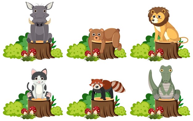 Animales sentados en el tronco de un árbol con un arbusto