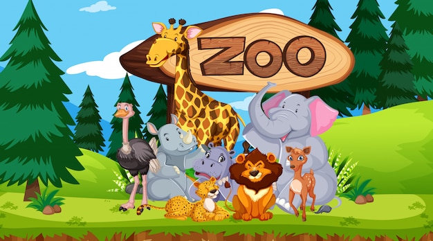 Animales del zoológico en el fondo de la naturaleza salvaje.