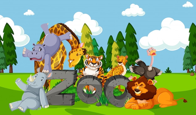 Vector gratuito animales del zoológico en el fondo de la naturaleza salvaje