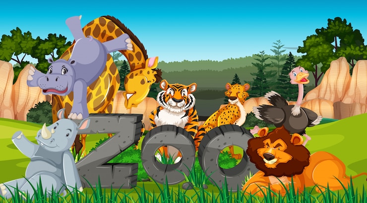 Vector gratuito animales del zoológico en el fondo de la naturaleza salvaje.