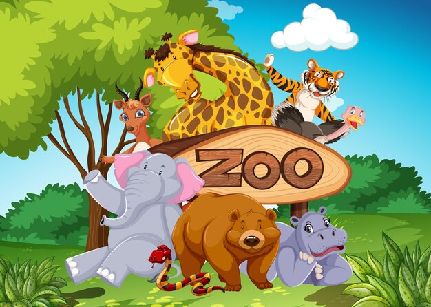 Animales del zoológico en el fondo de la naturaleza salvaje.