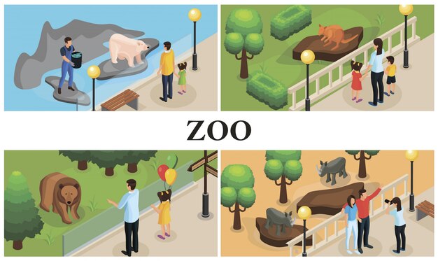 Animales del zoológico isométrico composición colorida con padres niños cuidadores del zoológico rinocerontes canguros osos polares y marrones