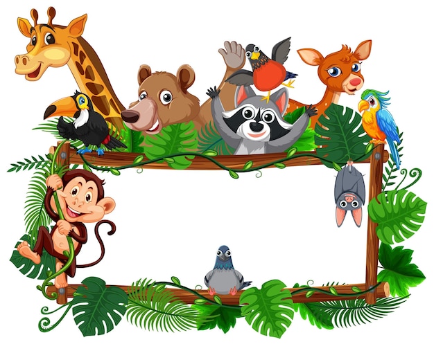 Vector gratuito animales del zoológico en marco de madera con plantas tropicales.