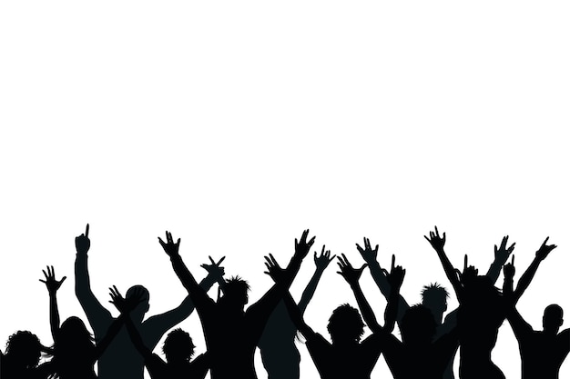 Animando a la silueta de la multitud emocionados jóvenes con las manos en alto Grupo de amigos felices discoteca discoteca visitantes alegres