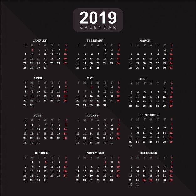 Año 2019, Fondo de Vector de calendario