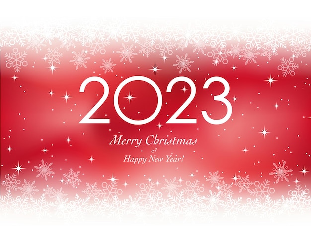 El año 2023 tarjeta de felicitación de navidad y año nuevo con copos de nieve sobre un fondo rojo.