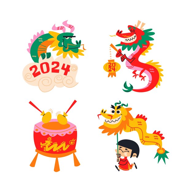 Año de dibujos animados retro de la colección de pegatinas de dragón