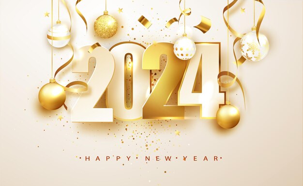 Año nuevo 2024 Banner con números fecha 2022 Decoración navideña y confeti sobre fondo blanco Diseño de tarjetas de felicitación navideñas