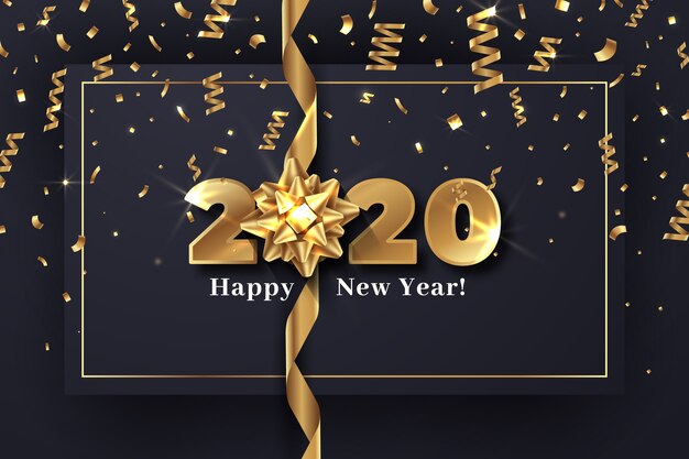 Año nuevo realista 2020 con concepto de papel tapiz de arco de regalo