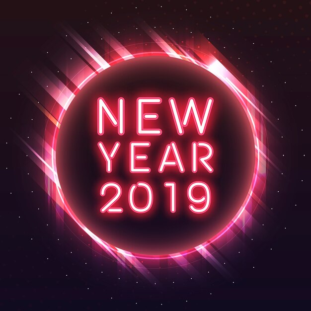 Año nuevo rojo 2019 en un vector de señal de neón círculo rojo