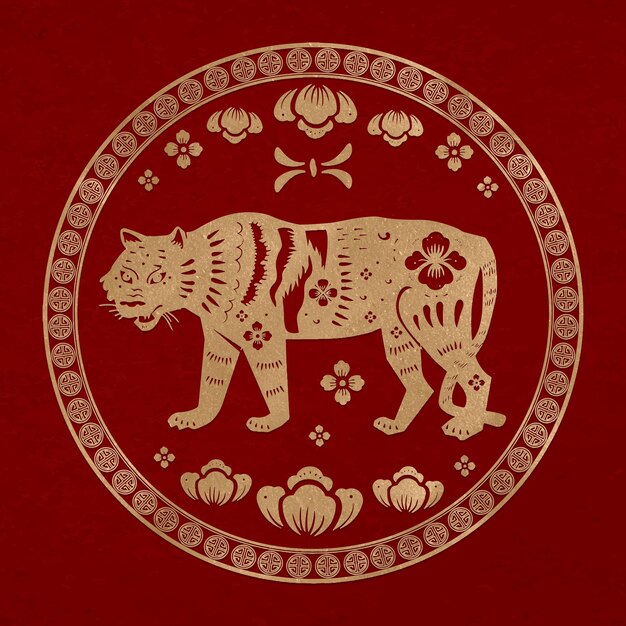 Año del tigre insignia vector oro horóscopo chino zodiaco animal