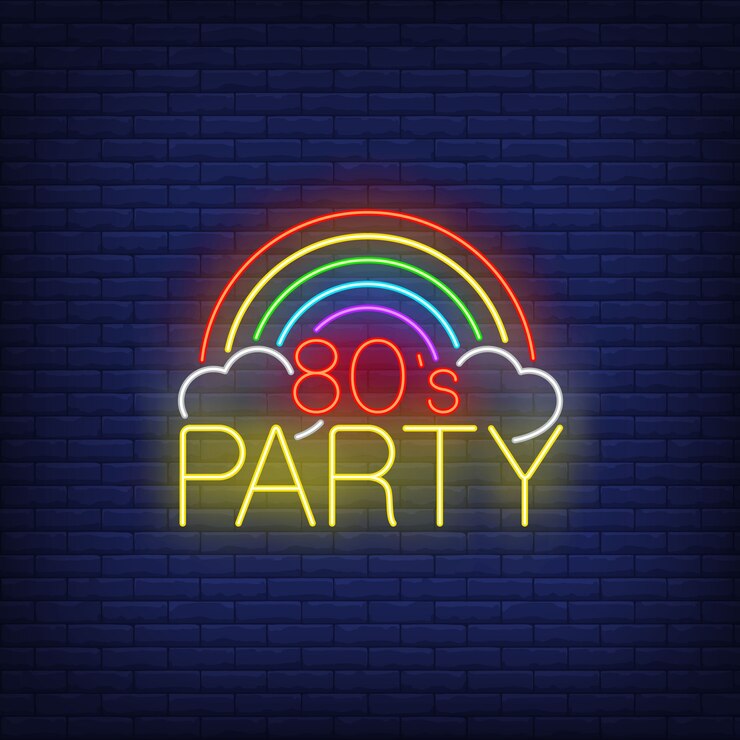 Vector gratuito años ochenta fiesta letras de neón con arco iris.