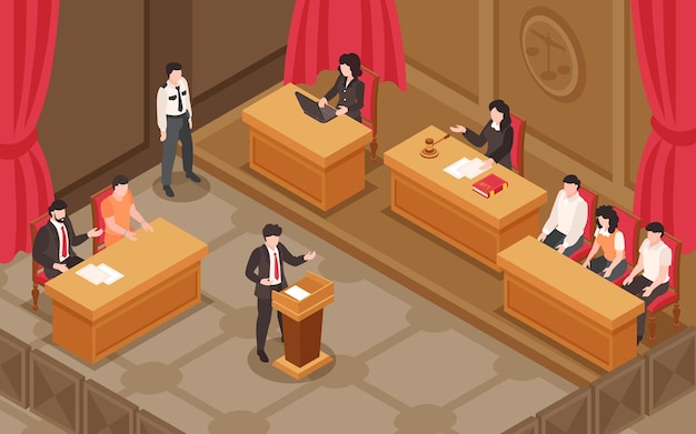 Vector gratuito antecedentes isométricos de la ley y la justicia con el fiscal pronunciando un discurso ante el jurado en la ilustración vectorial del juzgado