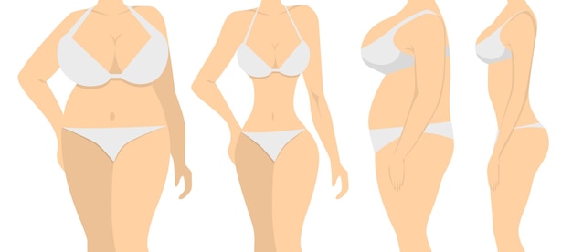 Vector gratuito antes y después mujer gorda poniéndose en forma y delgada transformación corporal