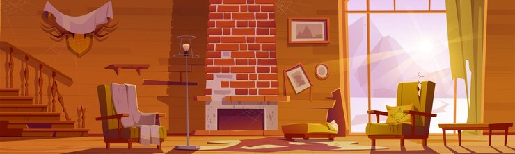 Vector gratuito antigua casa abandonada con escalera de madera rota y chimenea ilustración de dibujos animados.