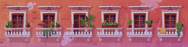 Vector gratuito antigua casa de apartamentos con ventanas clásicas día lluvioso