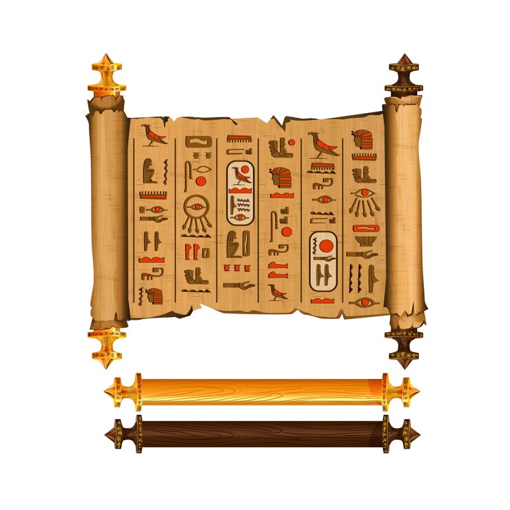 Vector gratuito antigua colección de vectores de dibujos animados de desplazamiento de papiro de egipto con jeroglíficos y cultura egipcia