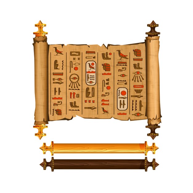 Antigua colección de vectores de dibujos animados de desplazamiento de papiro de Egipto con jeroglíficos y cultura egipcia