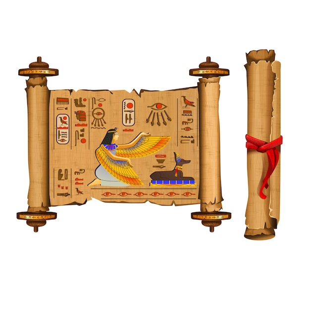 Vector gratuito antigua colección de vectores de dibujos animados de desplazamiento de papiro de egipto con jeroglíficos y cultura egipcia