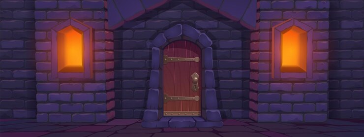 Vector gratuito antigua puerta de madera del castillo medieval ilustración de dibujos animados vectoriales de la pared de piedra puerta de arco ventanas iluminadas antigua mazmorra prisión subterránea palacio real fortaleza fachada fondo del juego