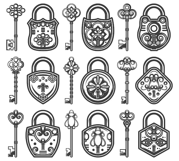 Antiguas cerraduras antiguas de época con diferentes llaves clásicas para cada candado
