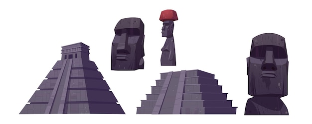 Antiguas pirámides mayas y estatuas moai de la isla de Pascua.